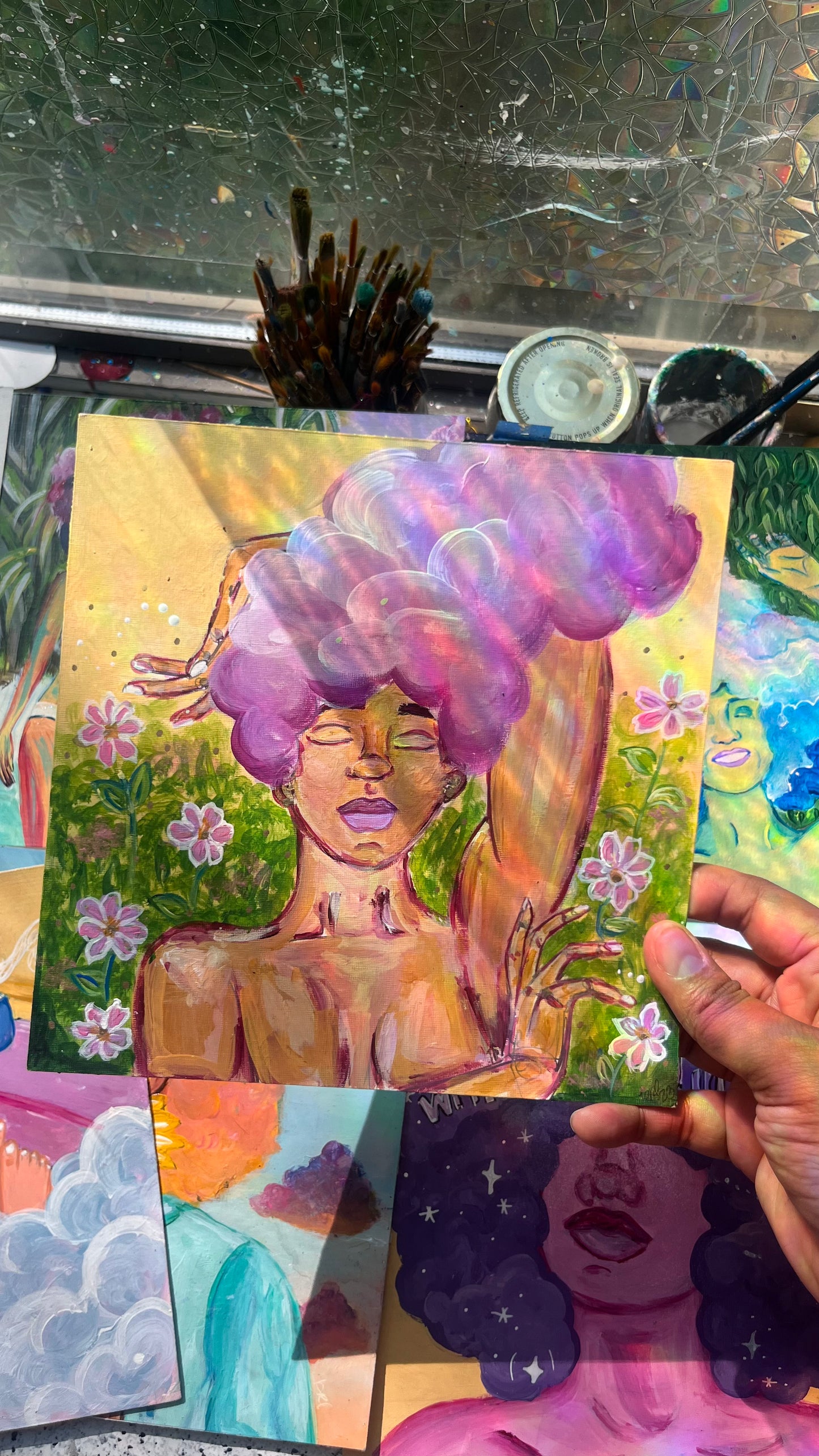 black woman being free and happy in a flower field painting