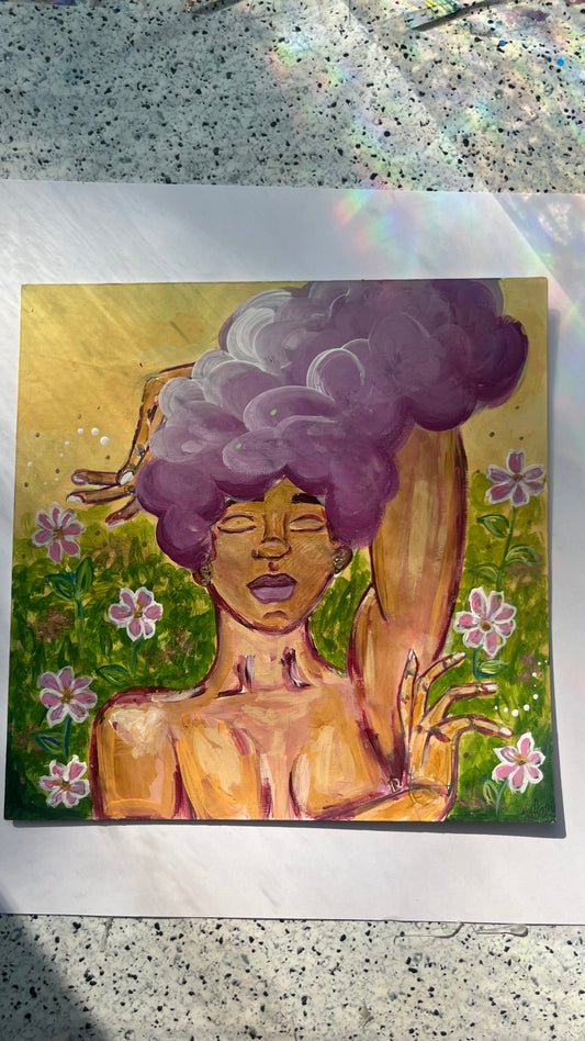 Artistic depiction of a person with a large afro surrounded by flowers on a textured surface.