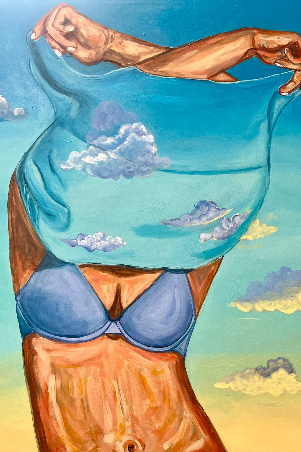 A surreal painted figure with tan skin, pulling shirt off that looks like the sky. literally taking the day off and wearing a blue bikini, holding a blue sky with clouds over the head like a garment. The background is a beach-like gradient from blue sky to warm yellow-orange tones.
