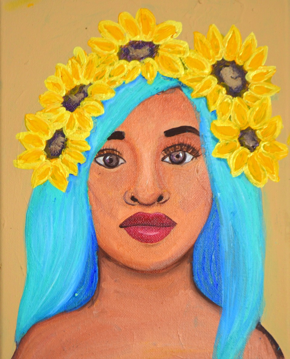 Artistic depiction of a Black woman with blue hair and a sunflower headband on a beige background