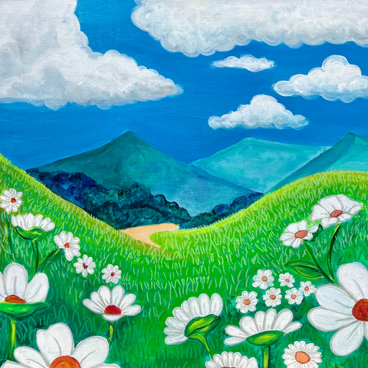 Painting of a landscape with green hills, white flowers, and blue sky with clouds.